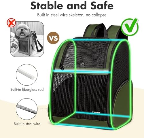 Pet Backpack Carrier, Large Cat Carrier Backpack Up to 20 Lbs with Breathable Mesh, for Medium Large Cats or Small Dogs, Travel Hiking Camping Backpack (DarkGreen-XL) - Image 6