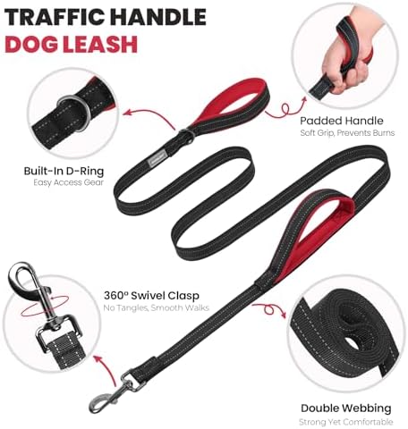 VIVAGLORY Double Handle Dog Leash Twingrip, 5ft x 1in, S, Black - Image 3