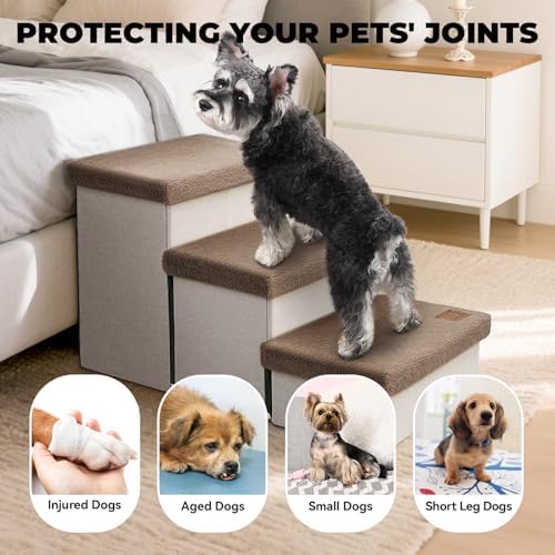 Zerbuger Dog Stairs with Storage Khaki Furry Lids 3 Steps Dog Ramp no Condo - Image 3