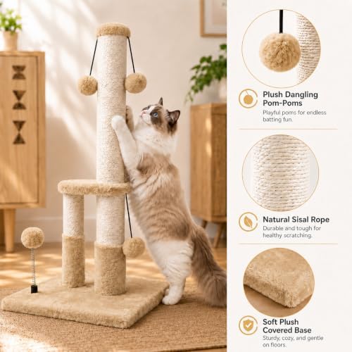 Dimaka Tall Cat Scratching Post, Double Lower Posts Extra Stable Cat Post Tree Scratcher with Sisal Rope and Teasing 4 Balls Total Large Base (Light Brown) - Image 3