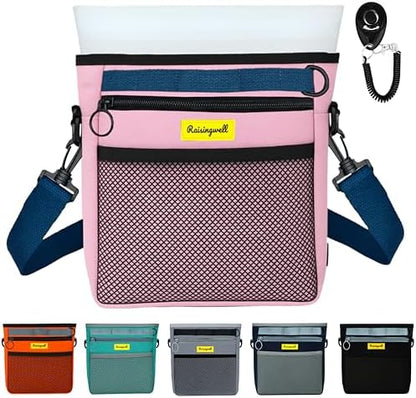 Raisingwell Dog Treat Pouch with Magnetic Closure 4-Cup Silicone Bag Fanny Pack Holder with Clicker 4 Ways to Wear Front Pocket Fits All Phones Ideal for Leash, Pet Walking and Training（Pink） by Raisingwell