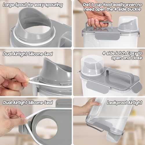 LEAWALK Cat Dog Food Storage Container Upgraded Large Nozzle, BPA-Free 5Lbs/6Qt/5L Plastic Pet Food Storage Container With 4 Sealed Clasps and Handle, Easy to Clean and Carry-2 Pack Gray+Green - Image 3