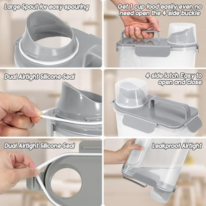 LEAWALK Cat Dog Food Storage Container Upgraded Large Nozzle, BPA-Free 5Lbs/6Qt/5L Plastic Pet Food Storage Container With 4 Sealed Clasps and Handle, Easy to Clean and Carry-2 Pack Gray+Green - Image 3