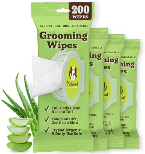 Natural Dog Company XL Grooming Wipes for Dogs – Hypoallergenic, Biodegradable, Fragrance Free – Aloe Vera & Witch Hazel – Large 7×8 in Wipes for Paws, Face, Ears & Butt – 200 Count Sensitive Skin by NaturalDogCompany
