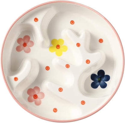 Ceramic Slow Feeder Dog Bowl - Portion Control Feeding Bowl for Medium Dogs – Cute Maze Food Dish for Fast Eaters - 3.1 Cups (310 g) - Doodle Series (Petal)
