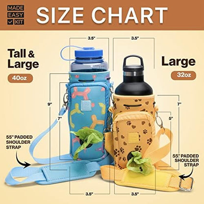 Made Easy Kit Water Bottle Carrier with Pocket for Dog Poop Waste Bags and Adjustable Padded Shoulder Strap (Large (32oz) with Bowl, Yellow, Paws & Hearts) - Image 2