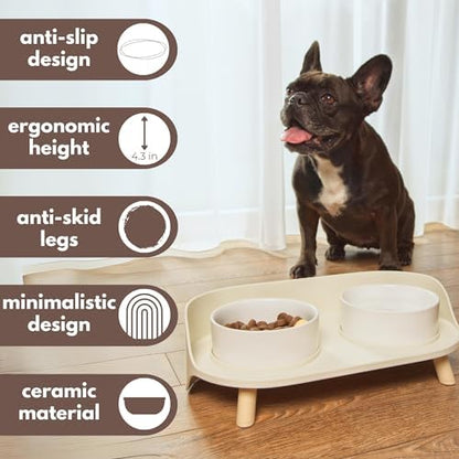 A4DOG Ceramic Dog Bowls with Stand - Elevated Dog Water and Food Bowl Set 13.5oz Cat & Dog Feeding Station Spill Proof Splash Proof Raised Pet Food Bowls for Dogs, No Mess Pet Feeder - Beige - Image 2