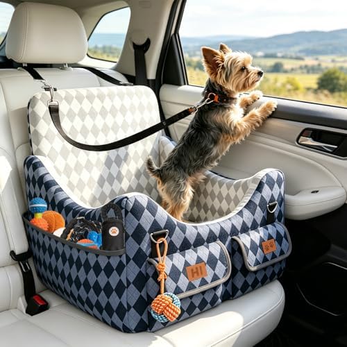Dog Car Seat for Small/Medium Dogs up to 35lbs, 4-Pocket Storage Memory Foam Dog Booster Seat, Detachable Washable Pet Car Seat with Safety Belt, Outdoor & Indoor Use (Blue/Grey) - Image 5