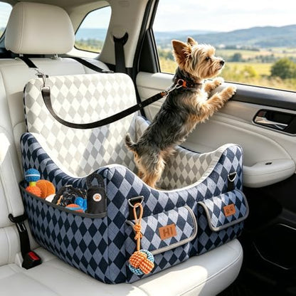 Dog Car Seat for Small/Medium Dogs up to 35lbs, 4-Pocket Storage Memory Foam Dog Booster Seat, Detachable Washable Pet Car Seat with Safety Belt, Outdoor & Indoor Use (Blue/Grey) - Image 5