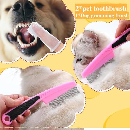 7 Pcs Cat Dog Brush Grooming Kits, Self-Cleaning Slicker Brush, Pet Nail Clipper and File, Flea Comb, Pet Shampoo Bath Brush, Pet Finger Toothbrush, Storage Bag (Pink) - Image 6