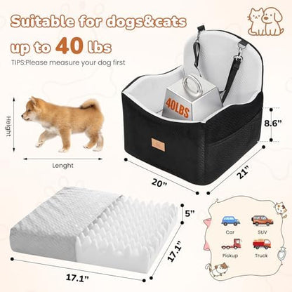 Dog Car Seat for Medium/Small Dogs, Dog Booster Car Seat, Pet Booster Seats Up to 40lbs with Waterproof Layer, 3 Storage Pockets and Safety Belt (Black/Grey) - Image 5