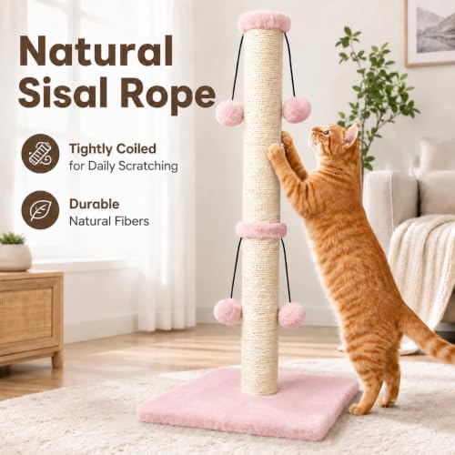 Dimaka Cat Scratching Post, Cat Scratcher for Large Cats with Teasing Toy Ball (Pink, 34 inches for Large Cats) - Image 6