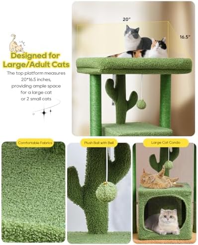 SYANDLVY 27" Cactus Cat Tree for Indoor Cats, Green Modern Activity Tower - Image 4