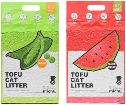 Michu Tofu Cat Litter Natural Clumping Tofu Cat Litter, Fast Clumping and Easily Scoop-able 5.5lb/88oz 5 Scents - Original + Watermelon, 2 Pack by Michupet
