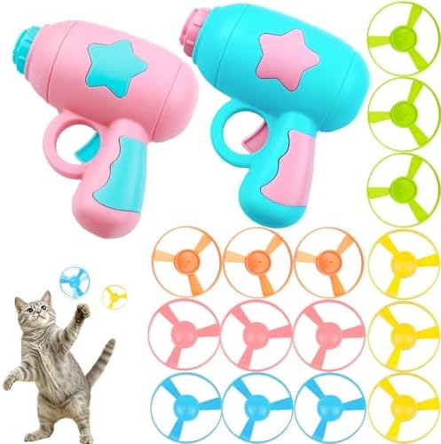 17 Pcs Cat Fetch Toy with Colorful Flying Propellers Set, Additional Flying Discs for Outdoor & Indoor Pet Chasing Training Hunting, Interactive Cat Propeller Toy (Star Pink + Blue) by Unknown