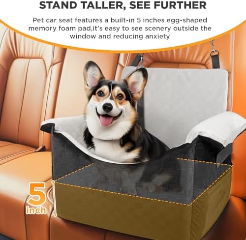 BONTHEE Elevated Dog Car Seat for Small Medium Dogs Under 30 lbs, Memory Foam Elevated Booster Seat with Headrests Support, Travel-Safe Car Bed with Detachable Washable Cover & Safety Belt - Image 2