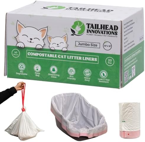 Cat Litter Box Liners - 100% Compostable - Drawstring Close - Scent Free - Jumbo Size XL (36" L x 18" W) - 40 Micron (1.6 Mil) Heavy Duty - 20 Count - Scratch, Tear & Leak Resistant by TailheadInnovations
