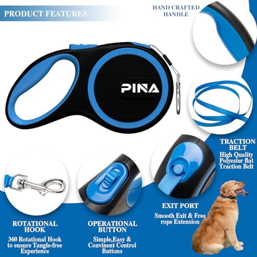 PINA Retractable Dog Leash, 26ft Dog Leash for Small Medium Large Dogs Up to 110lbs, 360° Tangle-Free Strong Reflective Nylon Tape, with Anti-Slip Handle, One-Handed Brake, Lock - Black Blue - Image 2