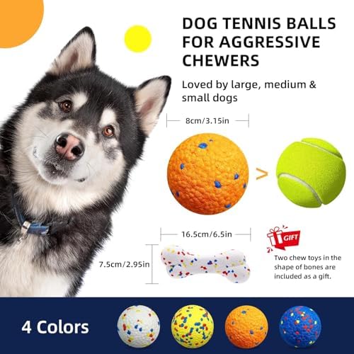 4 Pcs Large size Dog Balls（with 2 Pcs 6.5" Dog Bones）, 3.15"Tennis Ball for Aggressive Chewers, Durable Bouncy Dog Toy Balls, Teething Cleaning Chew Toys, Water Toy Fetch Ball for Large Medium Dog - Image 2