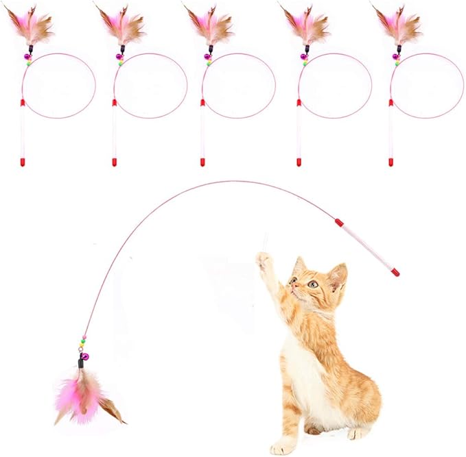 Cat Feather Toy, 5 Pack Interactive Pet Kitten Chaser Teaser Wire Wand with Bell Beads for Cat Exercise Play Fun Gifts - Wholesale