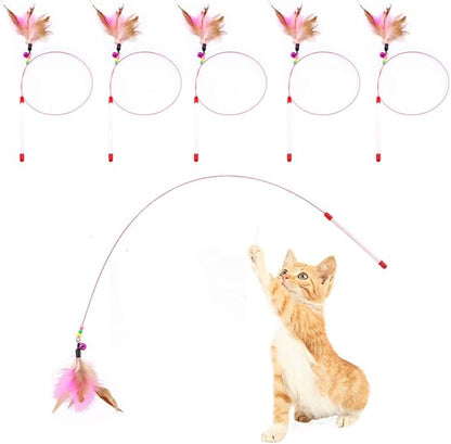 Cat Feather Toy, 5 Pack Interactive Pet Kitten Chaser Teaser Wire Wand with Bell Beads for Cat Exercise Play Fun Gifts - Wholesale