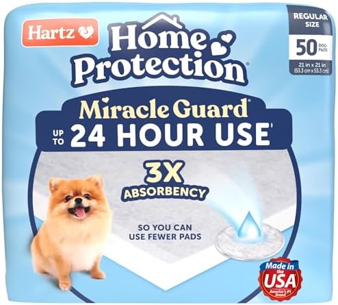 Hartz Miracle Guard Dog and Puppy Dog Pads Max Absorbency 24 Hour Use Odor Eliminating No Leaks, Regular Size 50 Count by Hartz