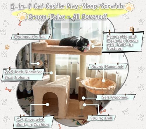 28.4" Small Cat Tree Tower,Cat Scratching Post for Indoor Cats,Featuring with Cat Cave & Cozy Perch,Cat Self Groomer and Interactive Dangling Ball Great for Kittens/Cats (Beige, Large) - Image 2