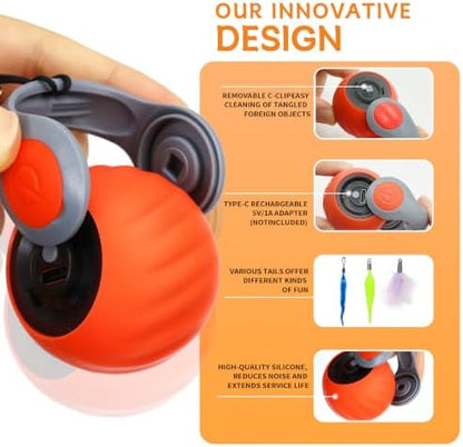 Interactive Cat Toy Ball - Automatic Moving Cat Ball for Indoor Cats with 3 Tails, Rechargeable Silent Kitten Toy for Boredom & Exercise, Rolling Ball Toy with 2 Modes & 2 Speeds. - Image 5