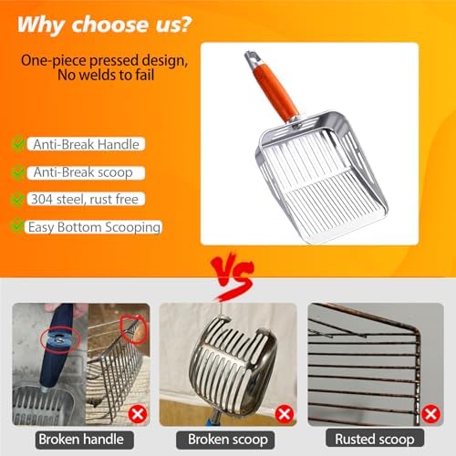 Rustproof & Unbreakable 304 Stainless Steel Metal Cat Litter Scoop with Holder Stand, One-Piece Pressed Design with No Welds, Easy Bottom Scooping, Reinforced Anti-Break Handle - Image 4