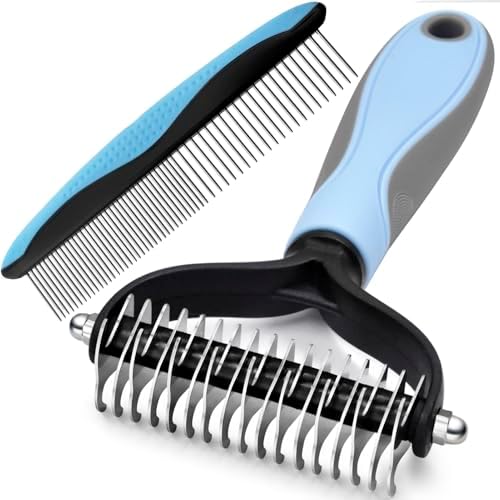 GOESWELL Pet Deshedding Brush - Undercoat Rake for Dogs & Cats - Double Sided Brush for Shedding and Dematting Comb for Dogs Grooming Tool kit - (Blue(Rake +Comb)) by KAIFONG