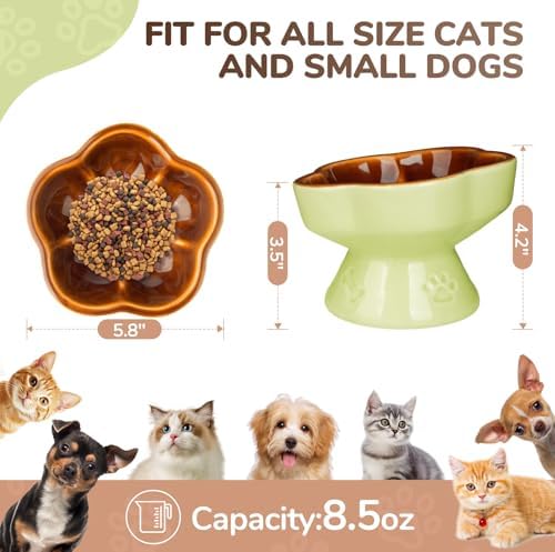 S&Q's CERAMICS Raised Cat Bowl, Elevated Cat Bowl for Food and Water, Ceramic Titled Dish, Anti Vomit & Whisker Friendly, Microwave and Dishwasher Safe (Brown, 5.8") - Image 2