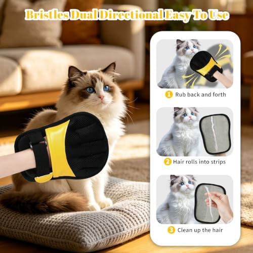 Pet Hair Removal Gloves, Yellow and Blue Colors, Static Hair Removal, Adjustable Strap, Reusable for Clothing, Sofa, Car Seat, Set of 2 - Image 3