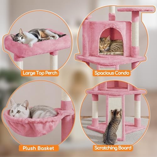 Yaheetech Cat Tree, 42in Play Tower for Indoor Cats, Kitten House with Large Perch & Scratching Posts & Cozy Condo & Scratching Ramp, Cat Furniture Activity Center, Pink - Image 4