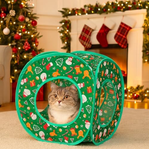 Christmas Cat Tunnel Cube Playhouse – Foldable Holiday Cat Cube with Peek Hole and Tunnel Fun for Indoor Cats - Image 5