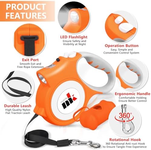 Retractable Dog Leash with LED Light Makife 5m Extendable Dog Lead for Small Medium Puppis up to 25kgs, One-Hand Brake & Lock System, Ergonomic Handle (Orange) - Image 3