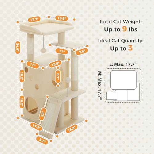 PETEPELA Kitten Cat Tree, 34.6" Small Cat Tower with Ramp & Toys, Beige - Image 5
