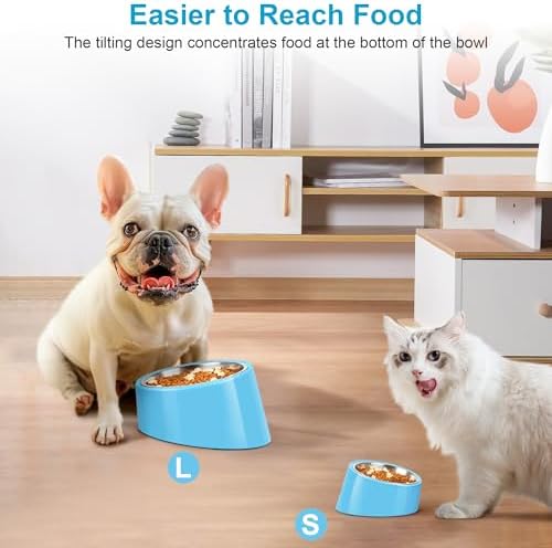 Tilted Dog Bowl Non-Slip & Non-Spill Pet Feeder with Elevated Detachable Melamine Stand, Easy to Get Food Dog Dish, L/300ml Sky Blue - Image 5