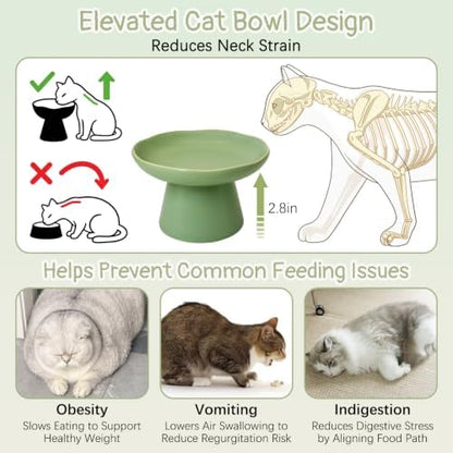 VCEPJH Raised Cat Food Bowls Shallow Cat Plate Ceramic Elevated Cats Dish 6.1in Flat Anti Whisker Fatigue Wide Pet Food & Water Feeder for Indoor Kitty Kitten (Green) - Image 3