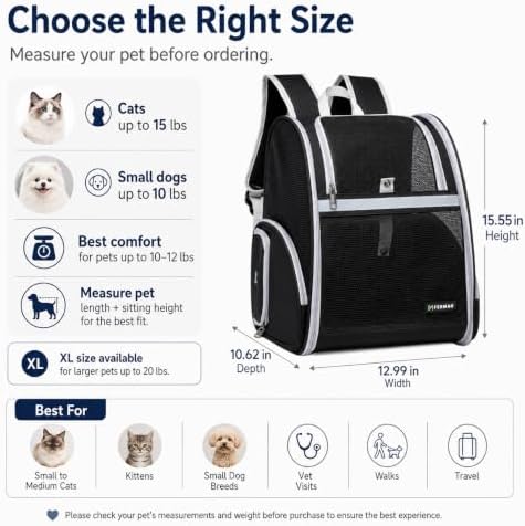Cat Backpack Carrier for Small Dogs and Medium cat Puppy Kitten Bunny Pet Carrier Backpack Collapsible with Fully Ventilated Mesh with Safety Leash (Black, 12.9" L x 10.62" W x 15.5" H - M) - Image 6