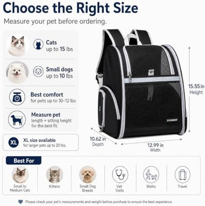 Cat Backpack Carrier for Small Dogs and Medium cat Puppy Kitten Bunny Pet Carrier Backpack Collapsible with Fully Ventilated Mesh with Safety Leash (Black, 12.9" L x 10.62" W x 15.5" H - M) - Image 6