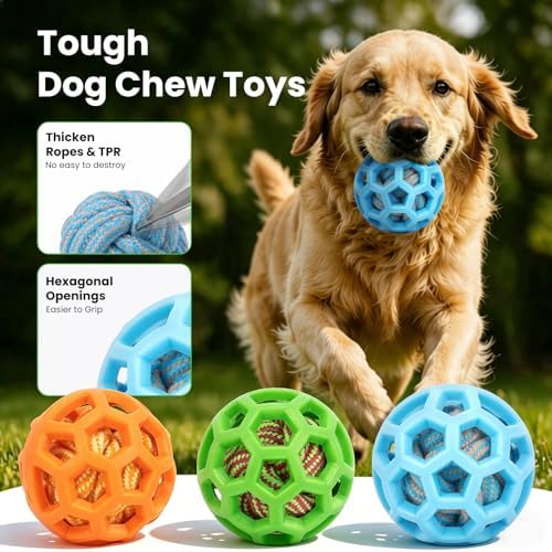HGB 3.2" Dog Toy Ball for Aggressive Chewer, Tough Rubber, Cotton Rope Ball - Image 3