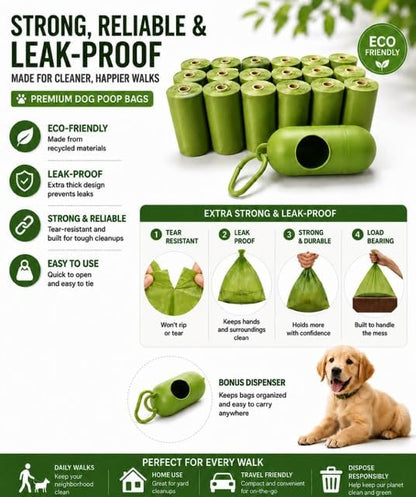 Dog Poop Bags Rolls with 1 Dispenser 270 Count (18 Rolls, 15 Bags per Roll), Leakproof, Unscented, Includes Leash Clip, Thick Strong, 8.5"W x 11.5"L - Image 2