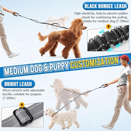 AUTOWT Double Leash for Two Dogs, No Tangle 360° Swivel Dual Dog Leashes with 4 Handles, Super Lightweight for Puppy, Reflective Adjustable Strap and Shock Absorbing Bungee - Image 4