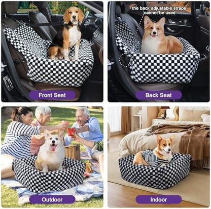 Dog Car Seat for Small Dogs,Medium Dog Car Bed with Detachable Washable Cover,Pet Puppy Booster Cars Seats with Safety Belt Up to 30 lbs(Grid Black) - Image 2