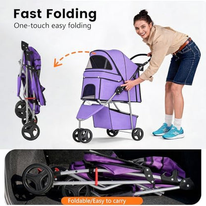 BestPet | 3-Wheel Pet Stroller | Purple | Foldable Dog and Cat Stroller - Image 3