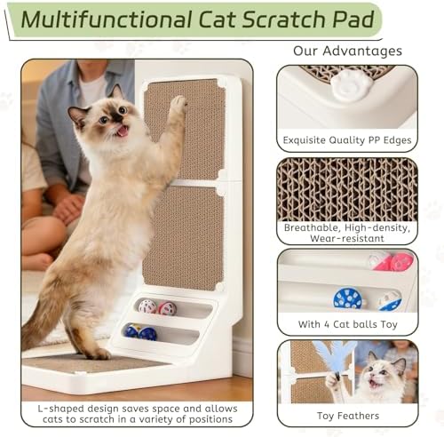 Cat Scratcher Cat Scratch Pad L Shape Wall Mounted Dual Use (Vert/Horiz) Kitten Bunifa Scratching Card Board Vertical Post with Ball Toys Feathers,Protecting Furniture Core is Replaceable Large White - Image 3