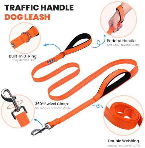 VIVAGLORY Double Handle Dog Leash Twingrip, 5ft x 1in, M, Orange Grey - Image 3