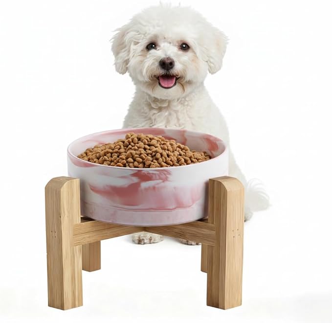 Elevated/Raised Ceramic Dog Bowl with Bamboo Stand,Marble Pattern 6 Inch 3.6 Cups Non Slip Heavy Weighted Single Pet Dish, for Small Medium Breed & Cats,Reduces Neck Strain Marble Pink