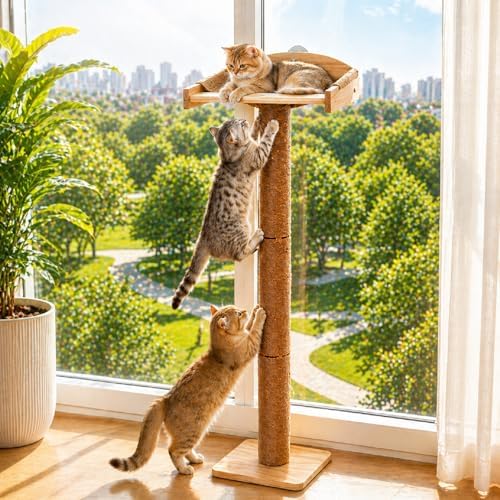 42'' Cat Tree Window Sill Perch with Tall Vertical Scratching Post Height-Adjustable Indoor Hammock Bed for Large Cats Drill-Free Suction Cup Climbing Tree Tower for Sunbathing & Bird Watching (Wood) by Unknown