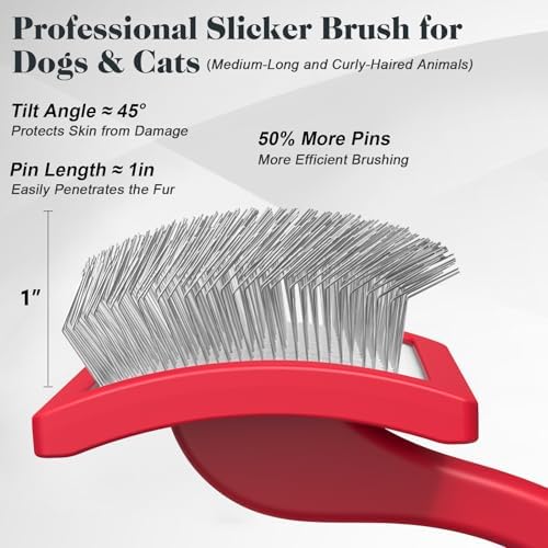 2PCS Slicker Brush for Dogs & Pet Comb,Professional Dog Grooming Brush (Goldendoodles,Poodles,Labradoodles) with Extra Long Pins to Effectively Remove Tangles, Knots and Mats (Red, Large) - Image 3